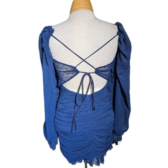 Lucy in the Sky Navy Blue Chiffon Swiss Dot Long Sleeve Ruched Mini Dress XS - Picture 3 of 6